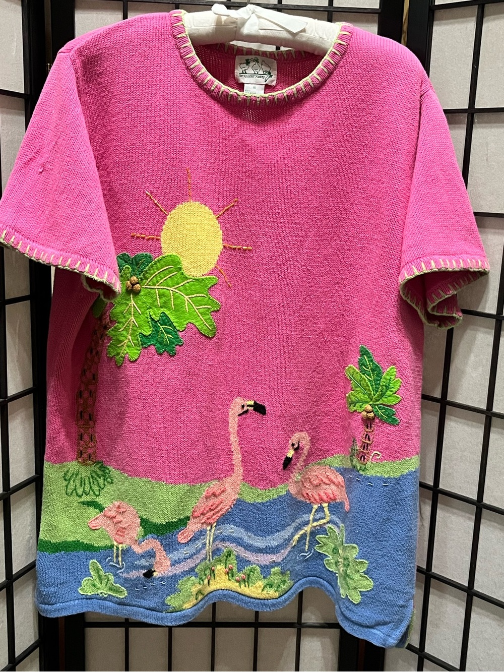 THE QUACKER FACTORY Embroidered Flamingo tropical short sleeve sweater size 1X